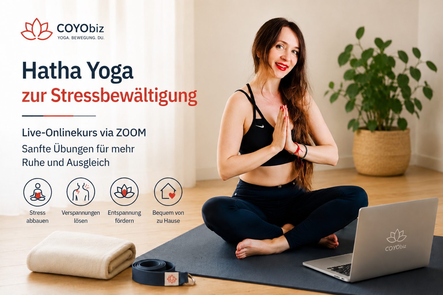 Teilnehmerin beim Hatha Yoga zur Stressbewältigung im Live-Onlinekurs via Zoom
